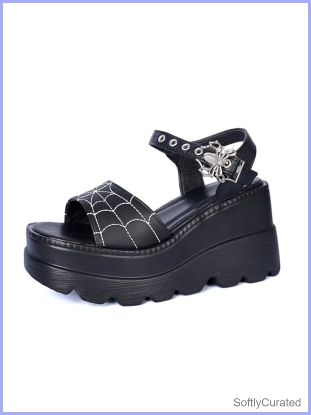 Women's Black Platform Sandals Chunky Wedge Heel Metallic Buckle Slides